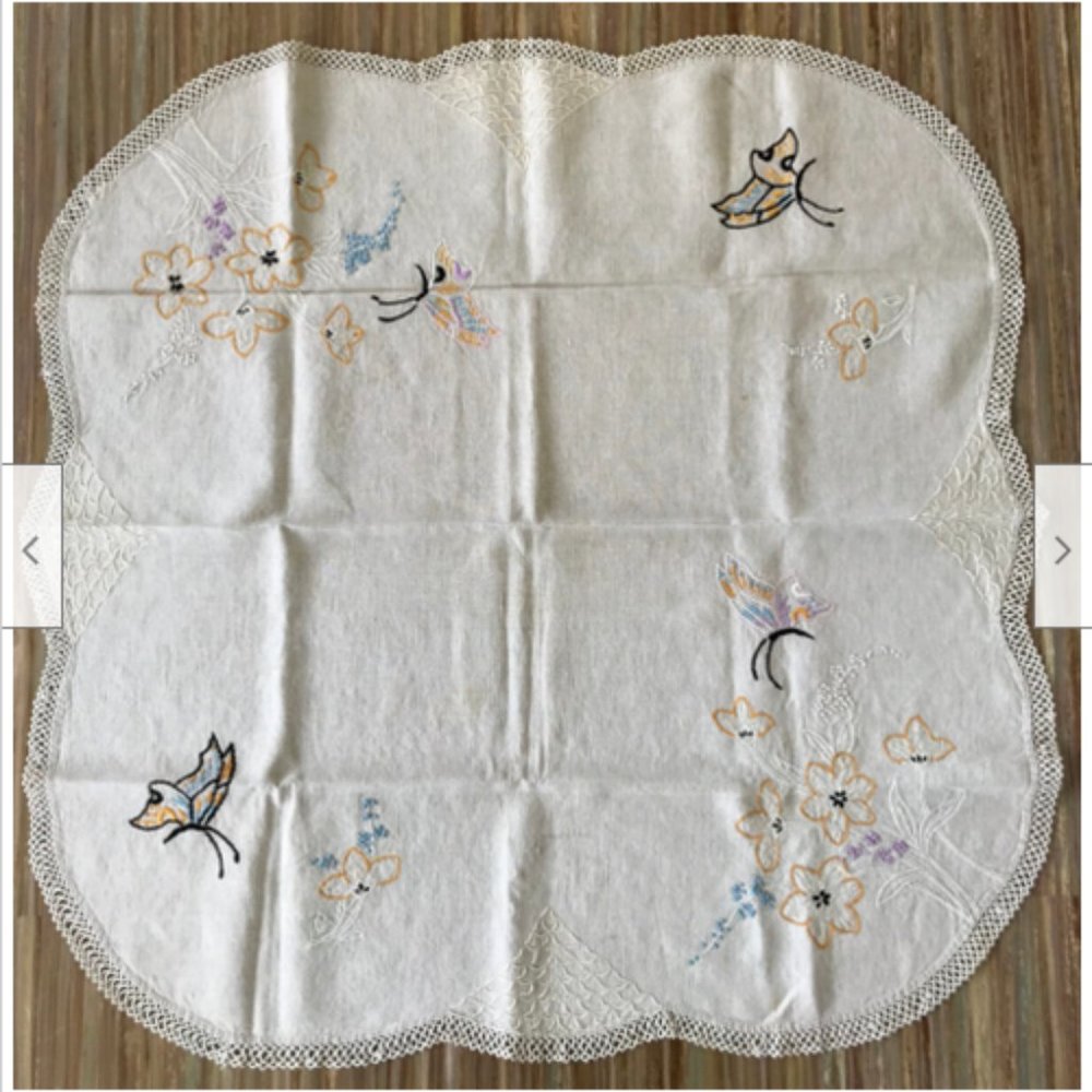 Hand Embroidered Cotton Tablecloth Butterfly 32" Square with Crochet Edging